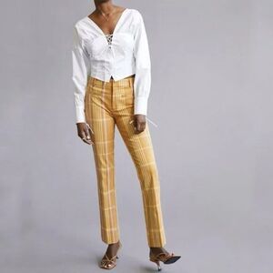 Anthropologie Slim Cropped Kick-Flare Pants, Size 0, Yellow Motif Plaid Office